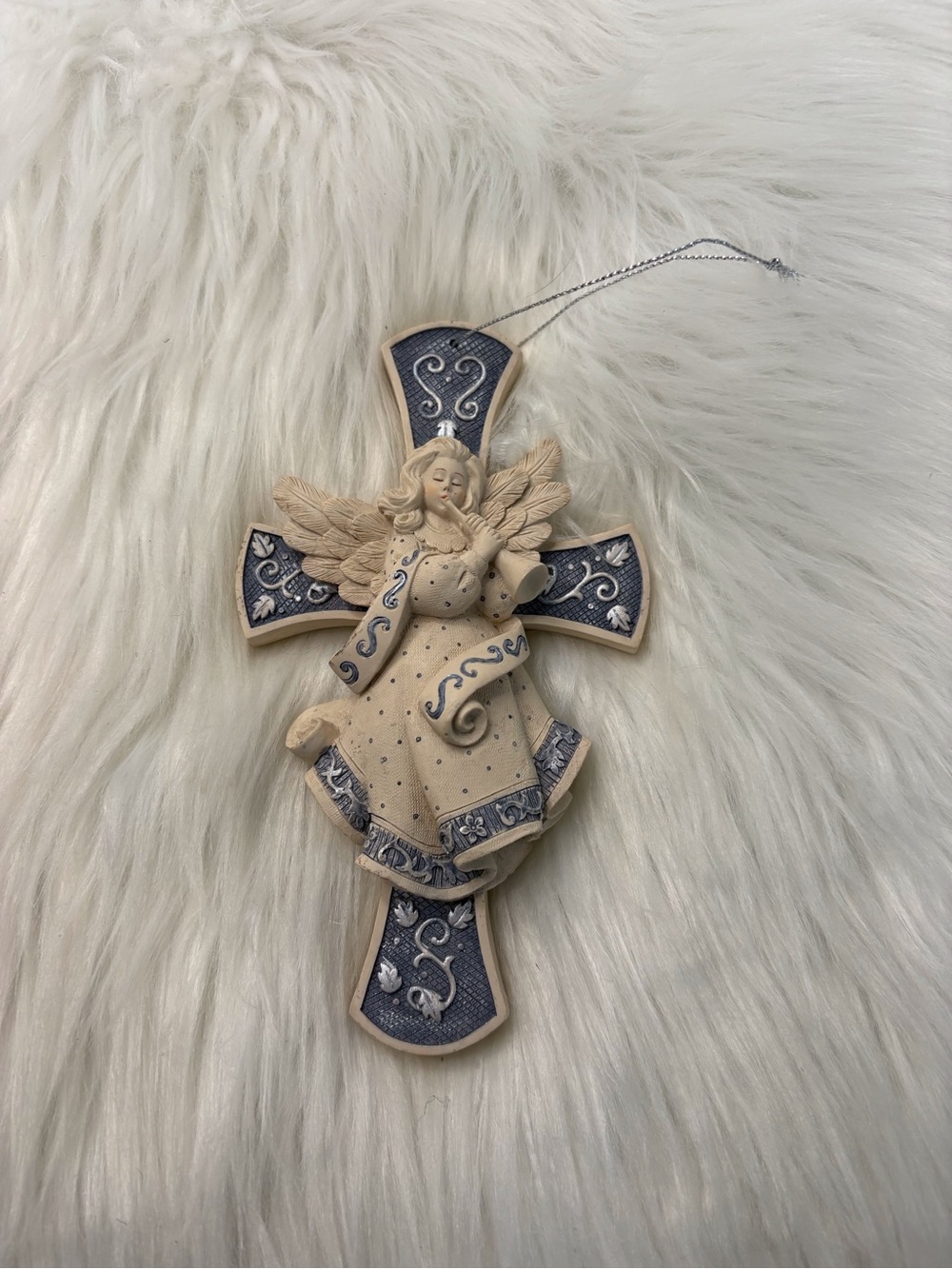 Cream and Blue Angel Cross Ornament Sarah’s Angels